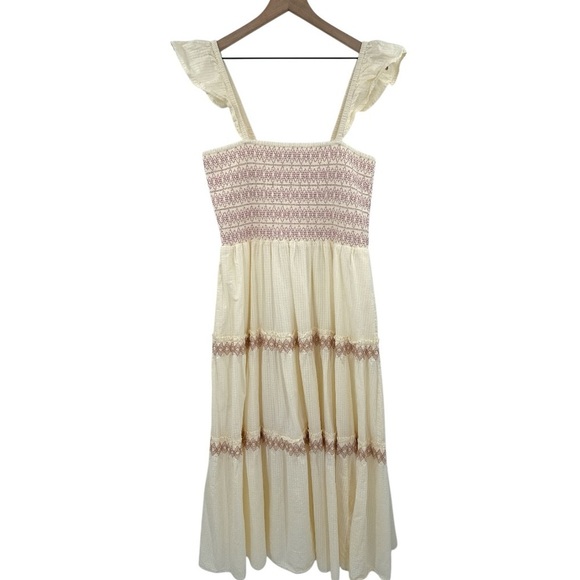 Madewell Lucie Smocked Embroidered Tiered Midi Dress -Lighthouse / Cream - Large - Picture 4 of 14